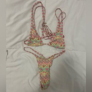Green & Pink Patterned Thong Bikini